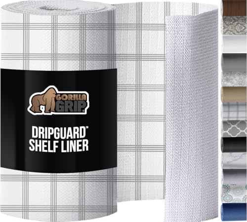 GORILLA GRIP DripGuard Shelf Liner, Non Adhesive Drawer and Kitchen Cabinet Protector, Slip Resistant BPA Free Smooth Surface Plastic Liners for Cabinets, Bathrooms, Closets, 17.5x240 Inch Gray Stripe