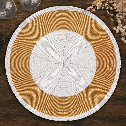 Decozen Round Beaded Gold Placemats Set of 4-14Inch Glass Bead Charger Plates for Dining and Kitchen Table Decor, HeatResistant Elegant Place Mats, Christmas Placemats