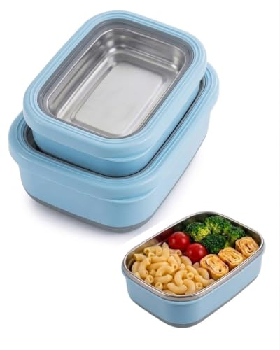 Lille Home Leak Proof Salad Container Stainless for Lunch - Snack Containers Steel - Ideal for Educational Settings & Daycare - Nesting Trio with Silicone Lids - 47oz+30oz+16oz - Blue