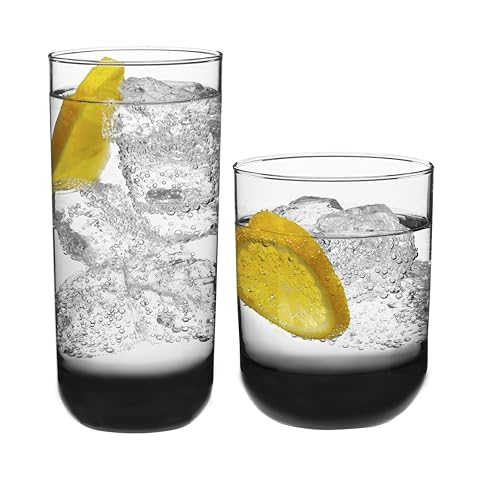 Libbey Polaris Tumbler and Rocks Glass Set, Smoke Hue Drinkware Glasses Set, Lead-Free Tall Water Glasses with Modern Clean Lines, Dishwasher Safe Drinking Glasses Set of 16