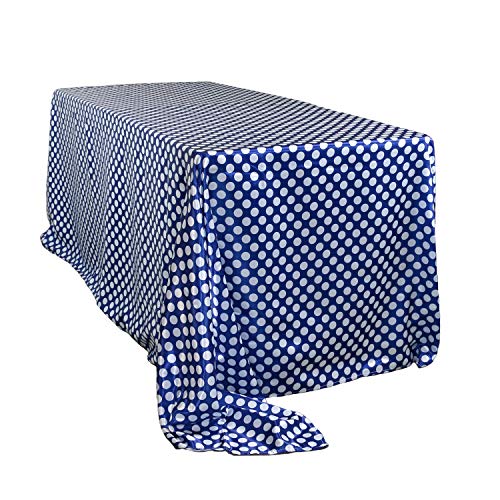 YOUR CHAIR COVERS - 90 x 156 inch Rectangular Satin Tablecloth - Royal Blue/White Polka Dots, Rectangle Shiny Satin Table Linens for 8 ft Rectangular Tables