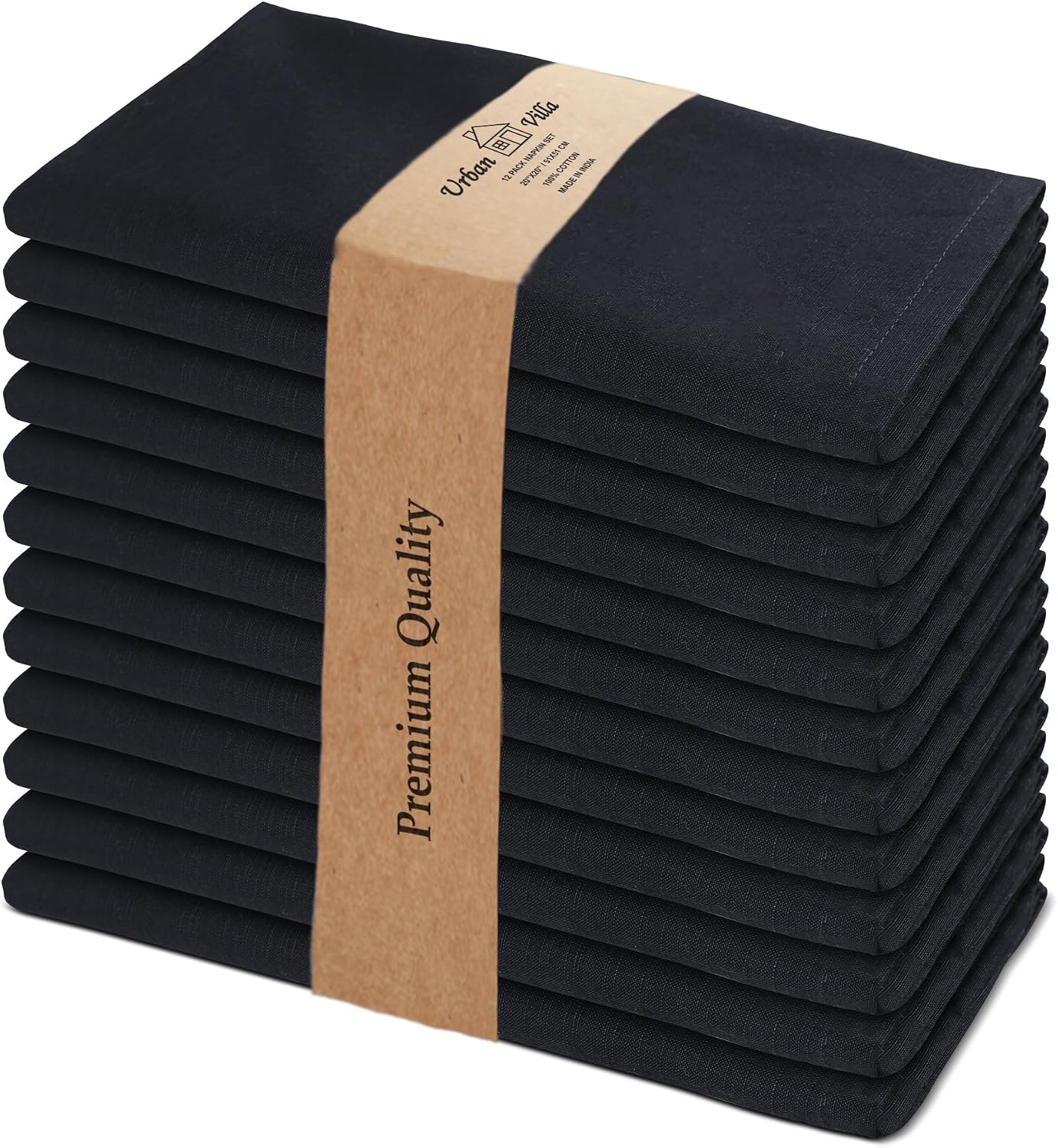Urban Villa Cloth Napkins Halloween Dinner Napkins Solid Black Color 20''x20'' (Set of 12) 100% Cotton Slub Absorbent Napkins Soft Durable Reusable Washable Ideal for Events Parties Everyday use