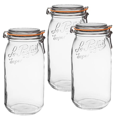 Le Parfait Super Jar - 3L French Glass Canning Jars, Wide Mouth, Airtight Lid (96oz/3 Quarts, 3 pk CP)