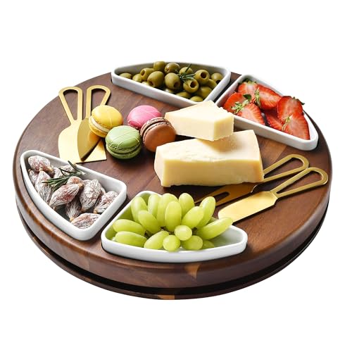 Shanik Upgraded Lazy Susan Cheese Cutting Board Set - Round Acacia Charcuterie Board With 4 Ceramic Bowls - Wedding Gifts - Cheese Serving Platter - Bridal Shower