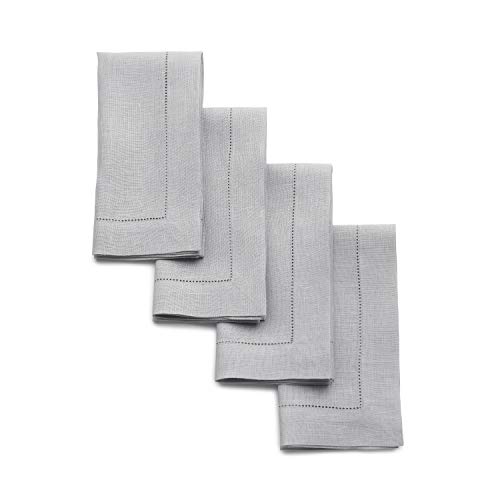 Solino Home Linen Napkins Set of 4 - Classic Hemstitch 100% Pure Linen Soft Grey Dinner Napkins Cloth 20 x 20 Inch for Fall, Autumn, Thanksgiving, Christmas - Handcrafted and Machine Washable