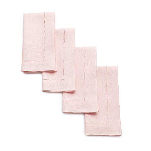 Solino Home Pink Linen Napkins Set of 4-100% Pure Linen Hemstitch Dinner Napkins 20 x 20 Inch for Halloween - Classic Hemstitch