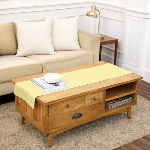 Solino Home Linen Small Table Runner 60 Inches - Athena, 100% Pure Linen Chambray Yellow Table Runner 14 x 60 Inch Ideal for Dresser and Coffee Tables