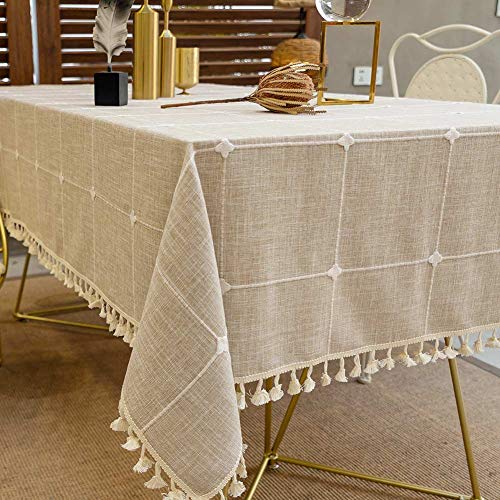 Deep Dream Tablecloths, Embroidered Waterproof Table Cloth Cotton Linen Wrinkle Free Anti-Fading Table Cover Decoration for Kitchen Dinning Party Christmas, 55 x 120 Inch - Light Brown