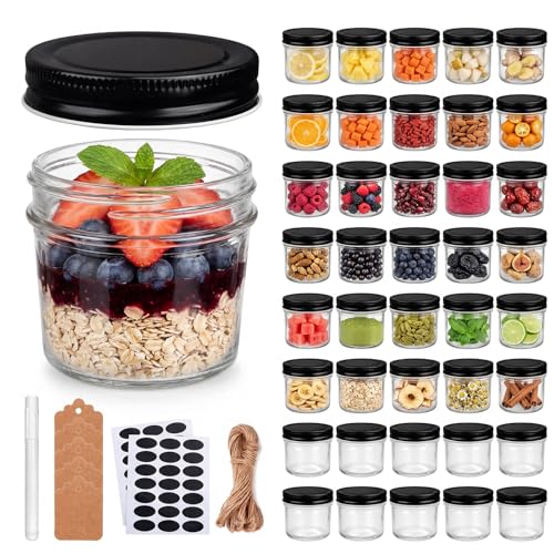 QAPPDA 4oz Glass Jars With Lids,Small Mason Jars,Mini Canning Jars With Black Lids For Honey,Jam,Jelly,Wedding Favor,Shower Favors,Spice Jars For Kitchen Storage & Home,Set of 40