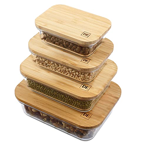 DE Glass Food Storage Containers with Bamboo Lids 4 Pack (12oz/21oz/35oz/51oz) BPA-Free Borosilicate Glass Meal Prep Boxes Oven, Microwave, Freezer Safe Stackable & Airtight