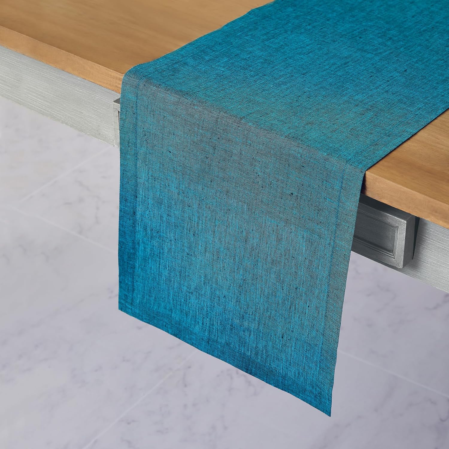 Solino Home Linen Table Runner 72 Inches Long - Athena, 100% Pure Linen Chambray Teal Dining Table Runner 14 x 72 Inch for Fall, Autumn, Thanksgiving - Handcrafted and Machine Washable