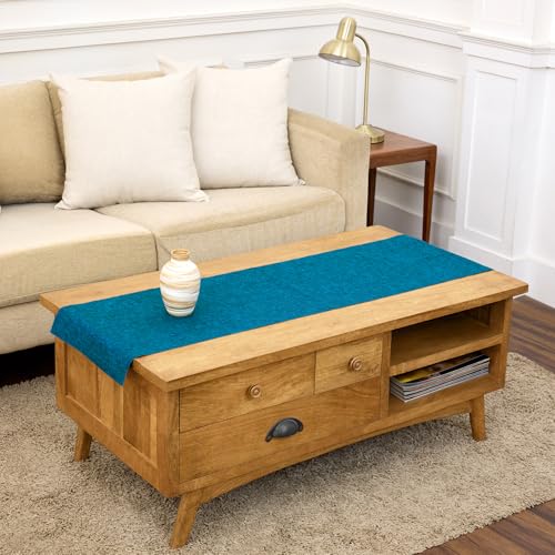 Solino Home Linen Small Table Runner 60 Inches - Athena, 100% Pure Linen Chambray Teal Table Runner 14 x 60 Inch Ideal for Dresser and Coffee Tables - Fall, Autumn, Thanksgiving