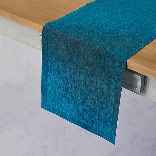 Solino Home Linen Chambray Teal Table Runner 108 Inches Long - Athena, 100% Pure Linen Dining Table Runner 14 x 108 Inch for Fall, Autumn, Thanksgiving - Handcrafted and Machine Washable