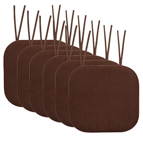 Sweet Home Collection Chair Cushion Memory Foam Pads with Ties Honeycomb Pattern Slip Non Skid Rubber Back Rounded Square 16" x 16" Seat Cover, 6 Pack, Chocolate Brown 6 Pack