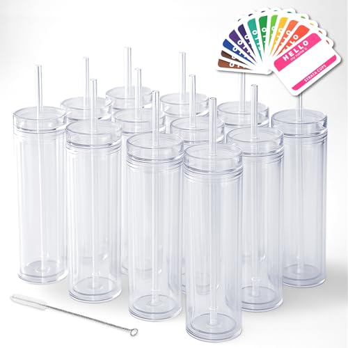 STRATA CUPS 24 Clear Skinny Tumblers with Lids and Straws | 16oz Reusable Cup Double-Wall Clear Tumbler with Lid and Straw, Durable Acrylic Tumblers With FREE Straw Cleaner & Name Tags