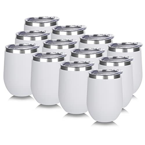 DOMICARE Stainless Steel Wine Tumbler Bulk with Lid, Personalized White Insulated Tumblers Set, 12oz Travel Coffee Cups Pack of 12