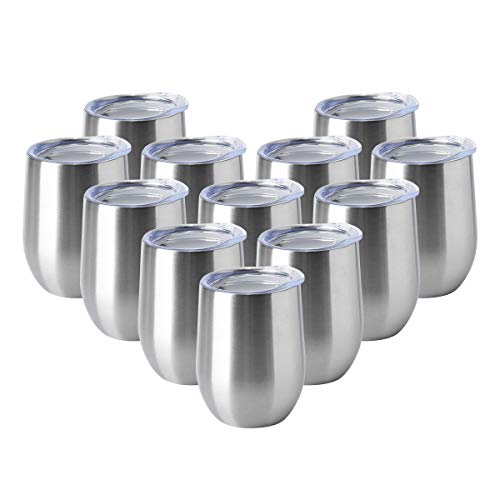 HASLE OUTFITTERS 12oz Wine Tumbler with Lid Stemless Wine Glasses Double Wall Vacuum Travel Mugs stainless steel Coffee Cup for Cold & Hot Drinks Wine Coffee Cocktails Beer 12 Pack Stainless Steel