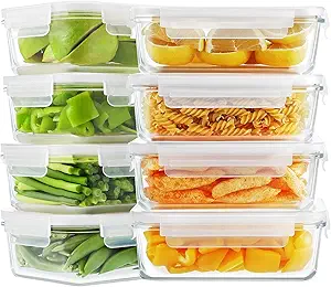 Bayco 8 Pack 30oz Glass Food Storage Containers, Glass Meal Prep Containers, Airtight Glass Storage Containers with Lids - BPA-Free & Leak Proof (8 lids & 8 Containers)