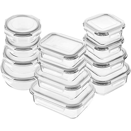 Bayco Glass Food Storage Containers, [24 Piece] Airtight Meal Prep Bento Boxes, Leak Proof (12 lids & 12 Containers) - White