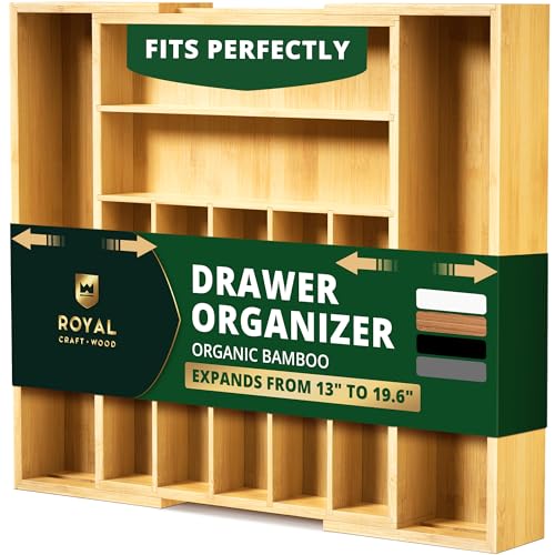 ROYAL CRAFT WOOD Luxury Bamboo Kitchen Drawer Organizer - Silverware Organizer, Utensil Holder & Cutlery Tray Drawer Dividers for Flatware (9 Slot, Natural)