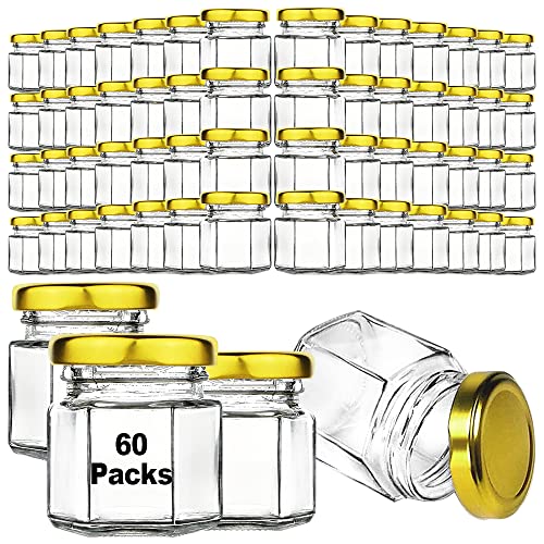 60 Pcs Small Glass Containers with Airtight Lids, 1.5 oz Mini Honey Jars for Wedding Favor, Baby Shower, Small Hexagon Candle Jars for Making Candles, Body Butter, Jam, Spices, Herbs, DIY Gift