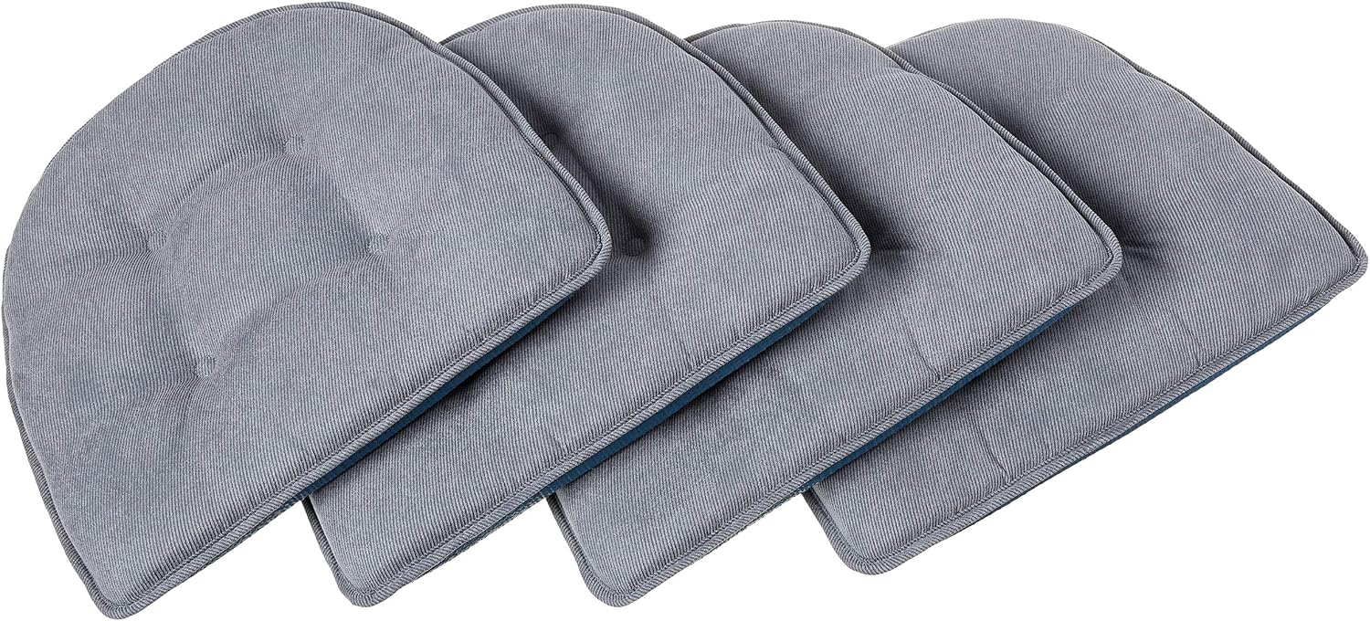 Klear Vu Omega Non-Slip Chair Cushions, Assembled in USA, U-Shaped Skid-Proof Seat Pads for Dining Room, Kitchen, Office, 15"x16", 4 Pack, Linear Bluestone 4 Count