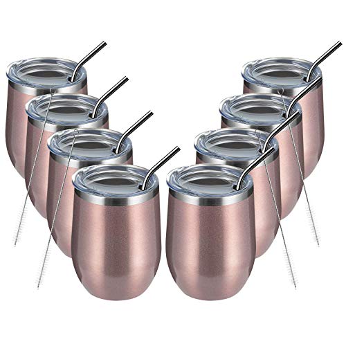 MEWAY 12oz/8 Pack Wine Tumbler Glasses with Lid - Stemless Double Wall Vacuum Stainless Steel Travel Tumbler - Keeping Cold & Hot for Wine,Coffee,Cocktails,Drinks (Rose gold,Set of 8)
