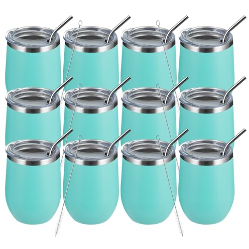 MEWAY 12oz/12 Pack Wine Tumbler Glasses with Lid -Double Wall Vacuum Stainless Steel Travel Tumbler Mug,Stemless Insulated Wine Cup for,Coffee,Cocktails,Gifts (Light green,Set of 12)