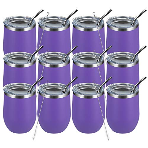 MEWAY 12oz/12 Pack Wine Tumbler Glasses with Lid -Double Wall Vacuum Stainless Steel Travel Tumbler Mug,Stemless Insulated Wine Cup for,Coffee,Cocktails,Gifts (Purple,Set of 12)