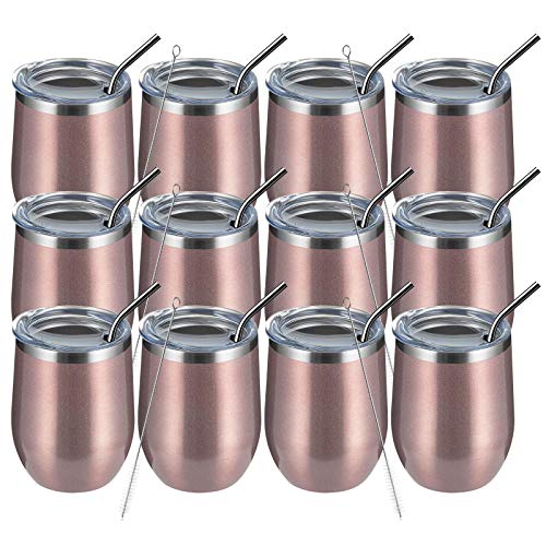 MEWAY 12oz/12 Pack Wine Tumbler Glasses with Lid -Double Wall Vacuum Stainless Steel Travel Tumbler Mug,Stemless Insulated Wine Cup for,Coffee,Cocktails,Gifts (Rose gold,Set of 12)