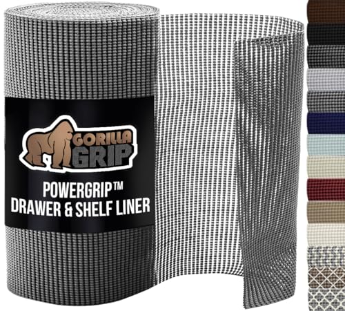 GORILLA GRIP powerGRIP Drawer Shelf and Cabinet Liner, Thick Strong Hold, Non-Adhesive Liners Protect Kitchen Cabinets and Cupboard, Bathroom Drawers, Easy Install, Breathable Mat, 17.5" x30', Gray