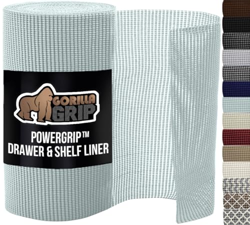 GORILLA GRIP powerGRIP Drawer Shelf and Cabinet Liner, Thick Strong Hold, Non-Adhesive Liners Protect Kitchen Cabinets and Cupboard, Bathroom Drawers, Easy Install, Breathable Mat, 12" x30', Spa Blue