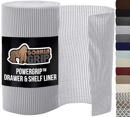 GORILLA GRIP powerGRIP Drawer Shelf and Cabinet Liner, Thick Strong Hold, Non-Adhesive Liners Protect Kitchen Cabinets and Cupboard, Bathroom Drawers, Easy Install, Breathable Mat, 17.5" x30', Lt Gray