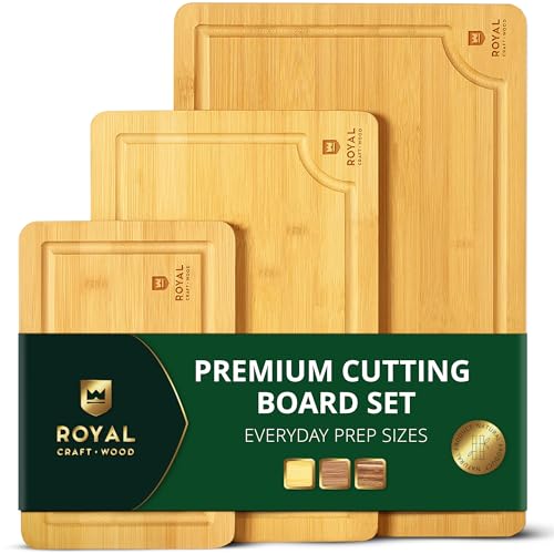 ROYAL CRAFT WOOD Premium Cutting Boards for Kitchen Meal Prep & Serving - Bamboo Wooden Serving Board Set with Deep Juice Groove Side Handles - Charcuterie & Chopping Butcher Block for Meat