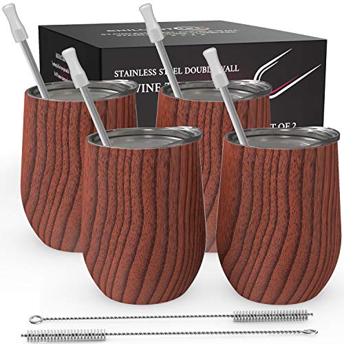 CHILLOUT LIFE Stainless Steel Wine Tumblers 4 Pack 12 oz - Double Wall Vacuum Insulated Wine Cups with Lids and Straws Set for Coffee, Wine, Cocktails - Powder Coated Black