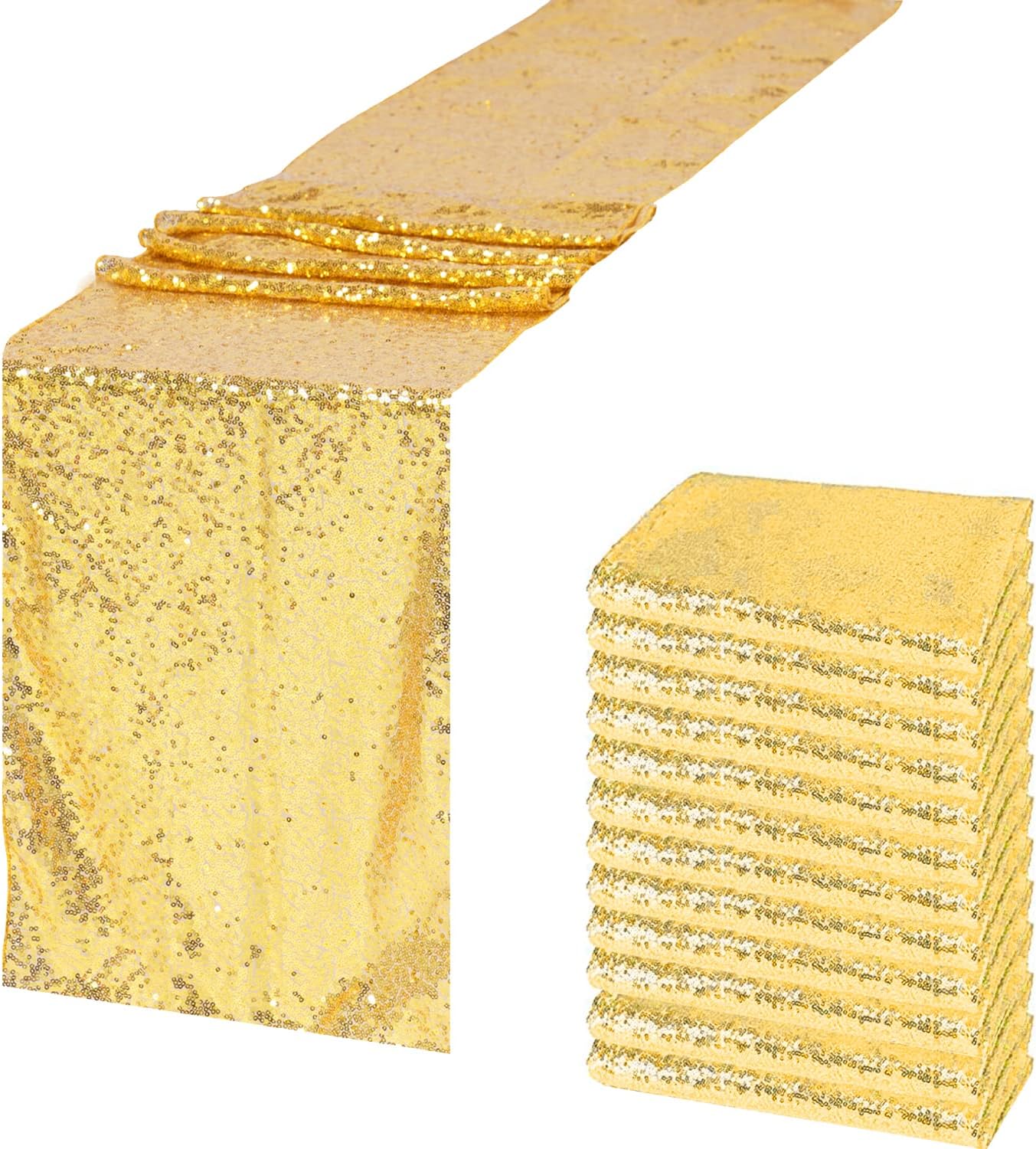 JYFLZQ Gold Sequin Table Runner 12"x108" Pack of 10 Glitter Sequin Fabric Table Linens - Sparkly Runners for Wedding & Birthday Party Decor