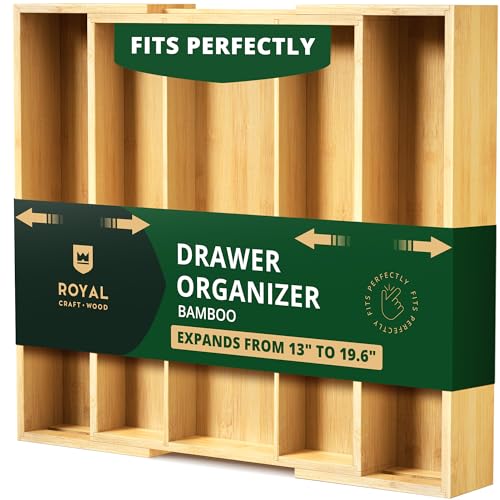 ROYAL CRAFT WOOD Luxury Bamboo Kitchen Drawer Organizer - Silverware Organizer - Utensil Holder and Cutlery Tray with Grooved Drawer Dividers for Flatware and Kitchen Utensils (7 Slot, Natural)