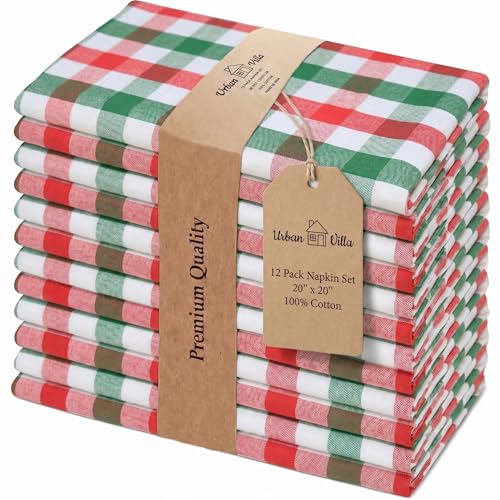 Urban Villa Cloth Napkins Set of 12 20x20 Inches 100% Cotton Napkins Cloth Washable Durable Reusable Absorbent Table Dinner Napkins Cloth for Christmas Hotel Lunch Restaurant Parties -X MAS Checks