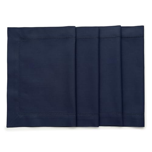 Solino Home Navy Blue Placemats Set of 4 - Cotton Linen Hemstitch Placemats 14 x 19 Inch for Fall, Autumn, Thanksgiving, Christmas