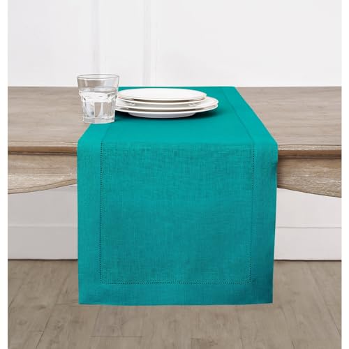 Solino Home Linen Teal Table Runner 72 Inches Long - 100% Pure Linen Hemstitch Table Runner 14 x 72 Inch for Dresser, Dining, Fall, Autumn, Halloween, Thanksgiving, Christmas - Classic Hemstitch