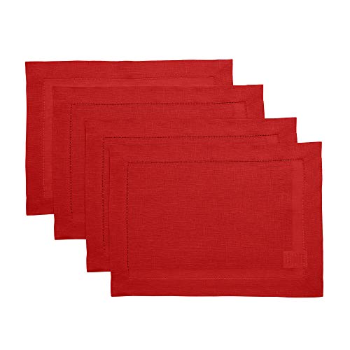 Solino Home Linen Placemats Set of 4 - Classic Hemstitch Red Placemats 14 x 19 Inch - 100% Pure Linen Table Mats for Holiday