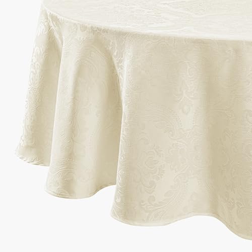 Elrene Home Fashions Caiden Elegance Damask Waterproof, Stain & Wrinkle Resistant Fabric Tablecloth, 90" Round, Ivory