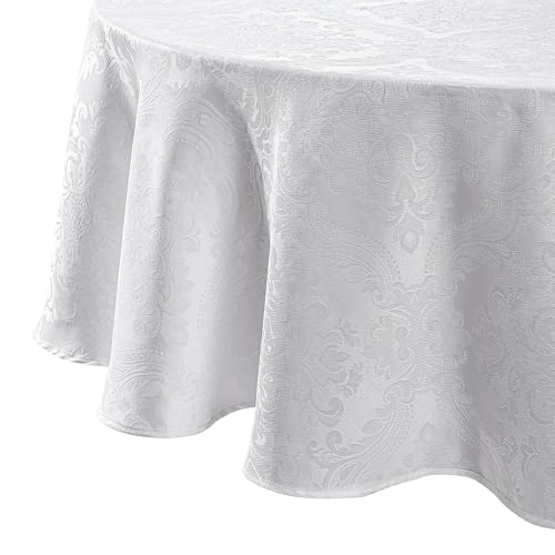 Elrene Home Fashions Caiden Elegance Damask Waterproof, Stain & Wrinkle Resistant Fabric Tablecloth, 90" Round, White