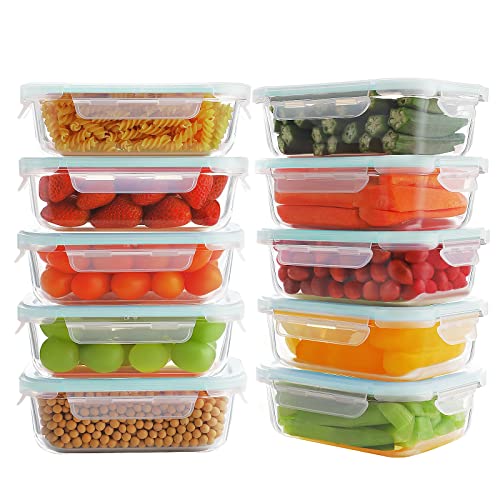 Bayco 10 Pack Glass Meal Prep Containers, Glass Food Storage Containers with Lids, Airtight Glass Lunch Bento Boxes, Leak Proof (10 lids & 10 Containers)