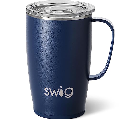 Swig Life 18oz Travel Mug, Insulated Tumbler with Handle and Lid, Cup Holder Friendly, Dishwasher Safe, Stainless Steel, Travel Coffee Cup (Navy)