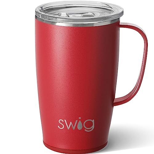 Swig Life 18oz Travel Mug, Insulated Tumbler with Handle and Lid, Cup Holder Friendly, Dishwasher Safe, Stainless Steel, Travel Coffee Cup (Crimson)