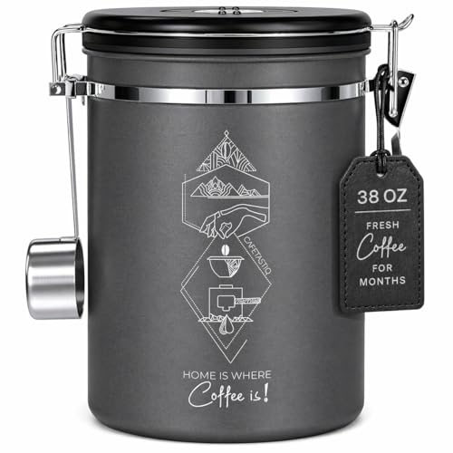 Large Coffee Canister  Airtight Stainless Steel Storage Container with Date Tracker & Scoop, Sealed Jar for Grounds, Beans, Tea, Flour, Cereal, and Sugar (Gray Home, 38OZ)