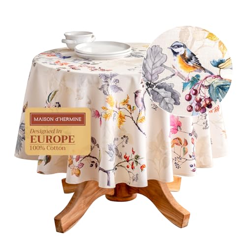 Maison d' Hermine Table Cloth Round Table 100% Cotton 69 Inches Fall Tablecloth Reusable Everyday Use for Thanksgiving Decorations Dining Farmhouse Party Festive (Equinoxe - Beige)