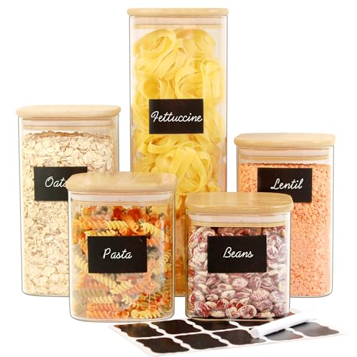 Urban Green Glass Jars with Lids, Airtight canisters sets with bamboo lids, Pantry Organization and Storage, Kitchen Canisters Sets, Glass Food Jars, Pantry Jars sets of 5