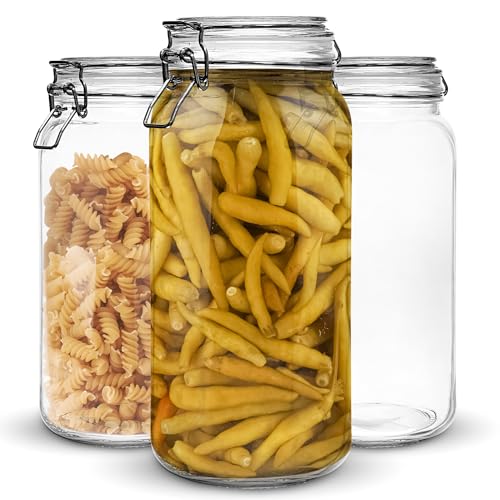 Set of 3 Glass Mason Jar 64 Ounces with Airtight Lid Large Jars With Stainless Steel Bail And Trigger Clamps